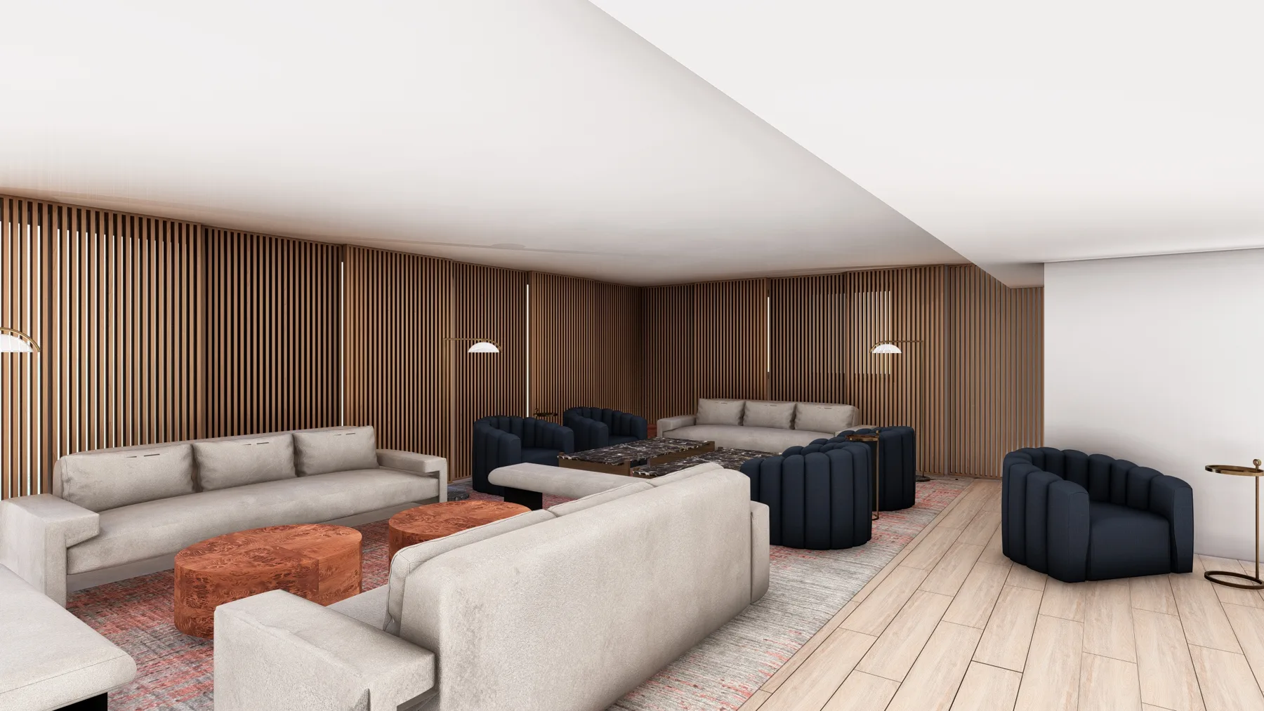3D rendering of the One Miami party room lounge: wood slat walls, navy channel chairs, stone tables