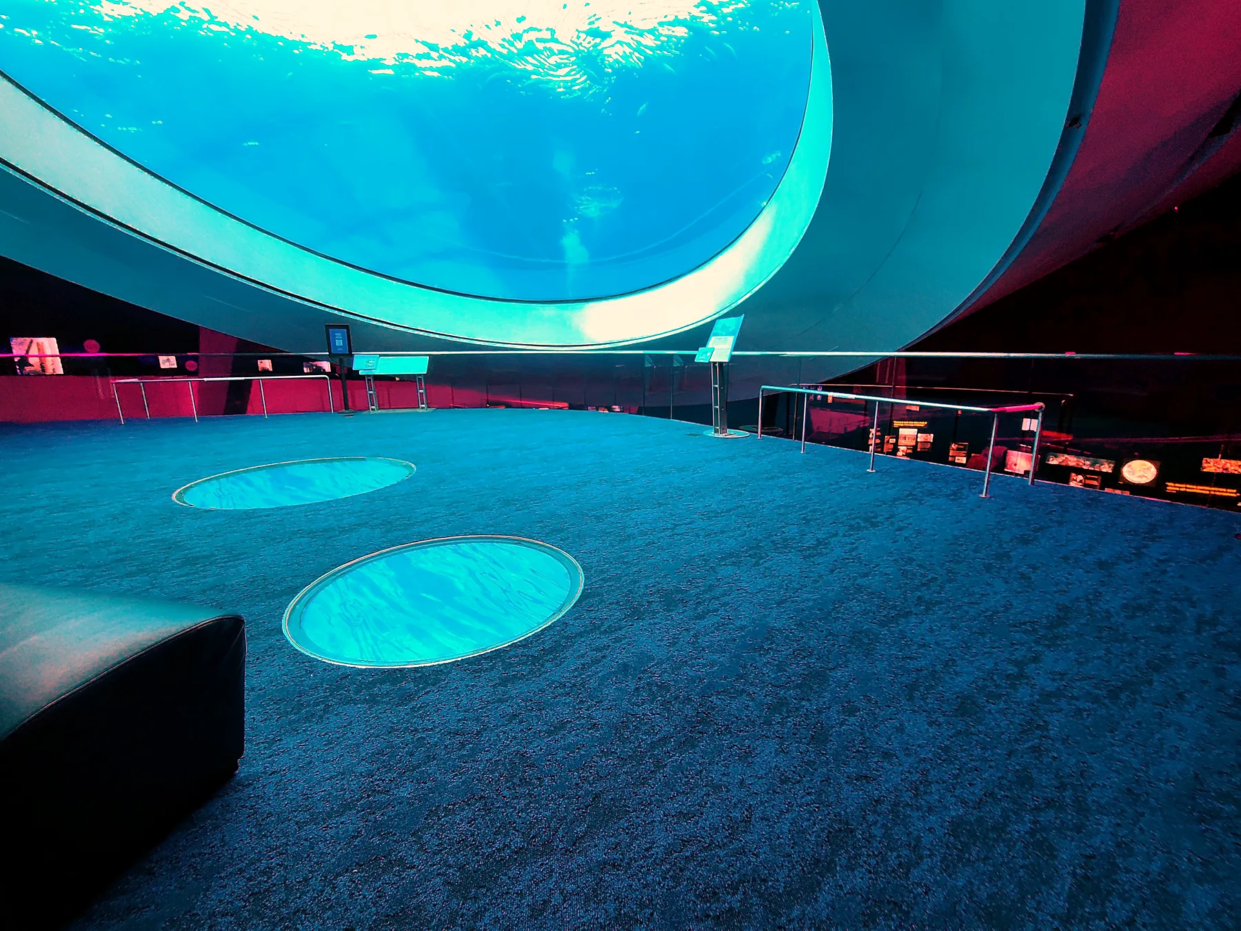 Broadloom carpet in the round Oculus viewing room beneath the aquarium lens