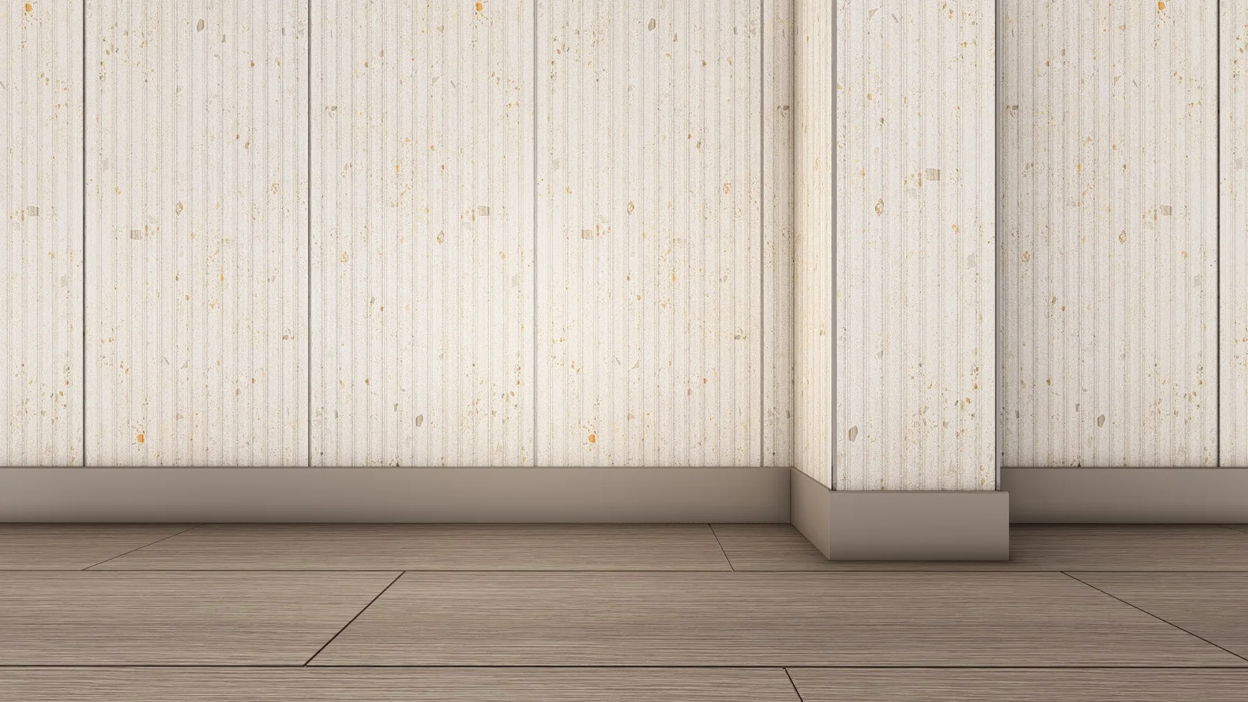 Close-up rendering of fluted wall tile meeting a metal base and wood-look floor tile