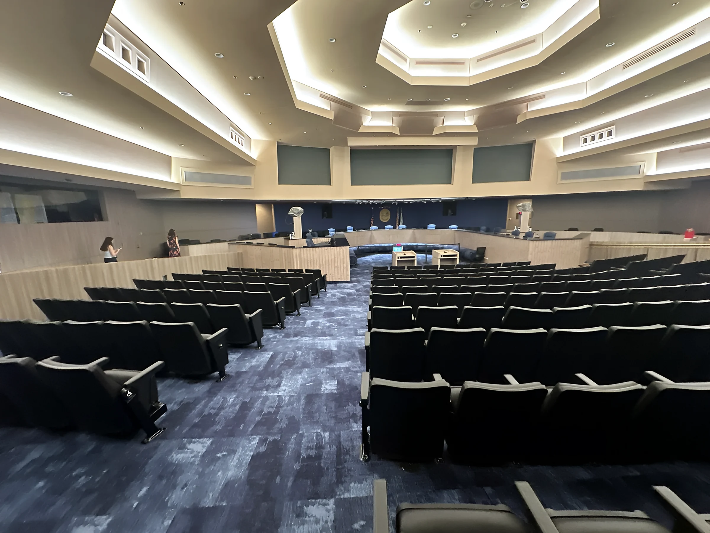 The Miami-Dade County Commission Chambers with Kind Of Blue carpet and the refurbished dais