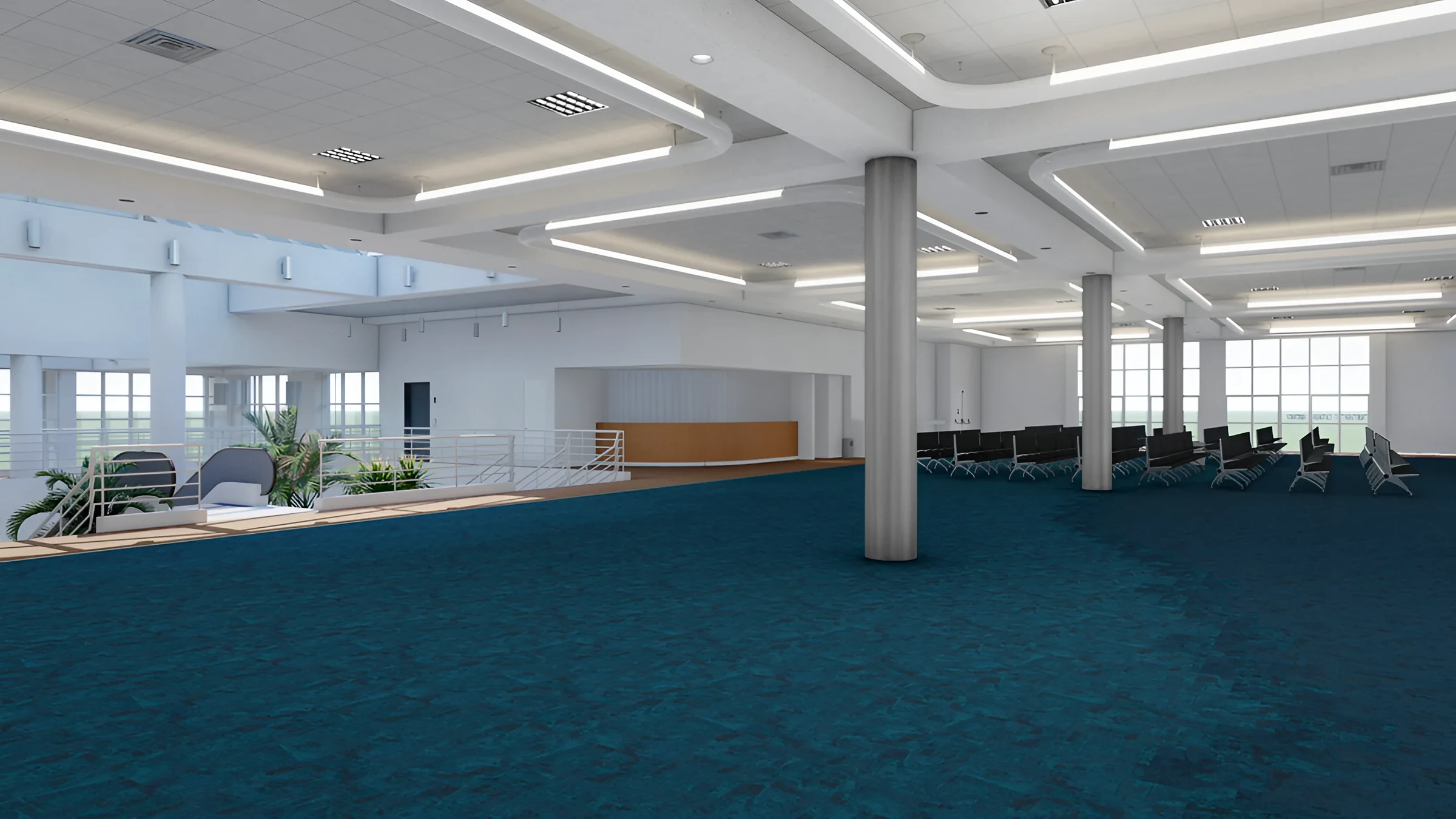 Rendering of the Terminal J upper floor with deep blue carpet tile and waiting seating