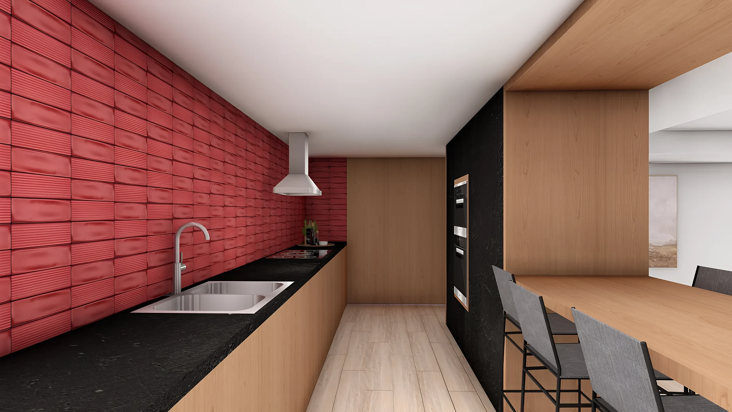 3D rendering of the One Miami party room kitchen with a red dimensional tile wall and wood millwork