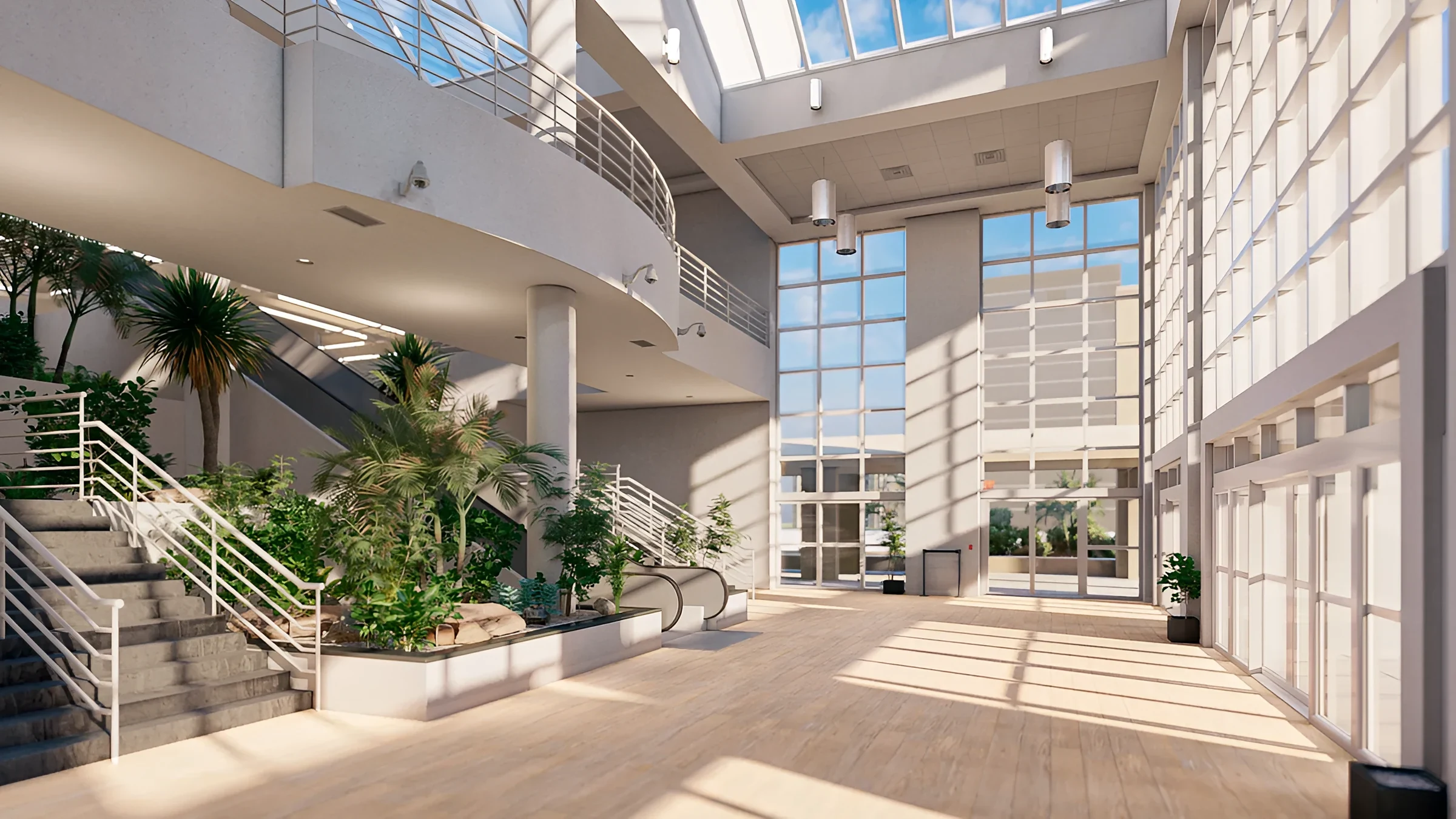 Photoreal rendering of the sunlit two-story lobby at Port of Miami Terminal J, with stairs, escalators, planters and wood-look tile