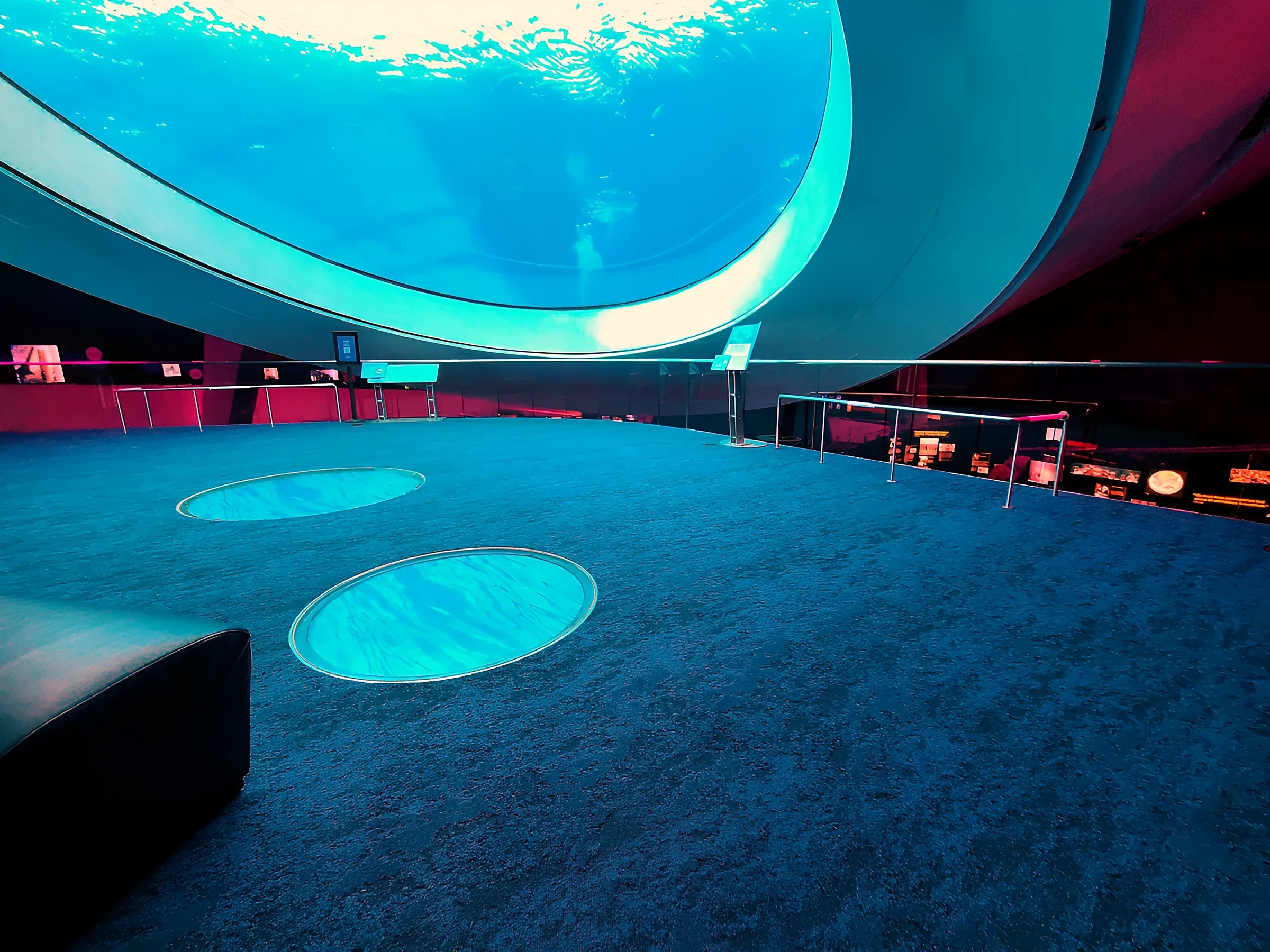 Broadloom carpet in the round Oculus viewing room beneath the aquarium lens