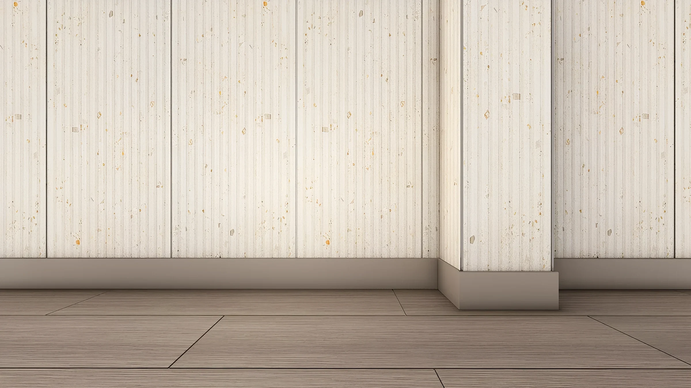 Close-up rendering of fluted wall tile meeting a metal base and wood-look floor tile