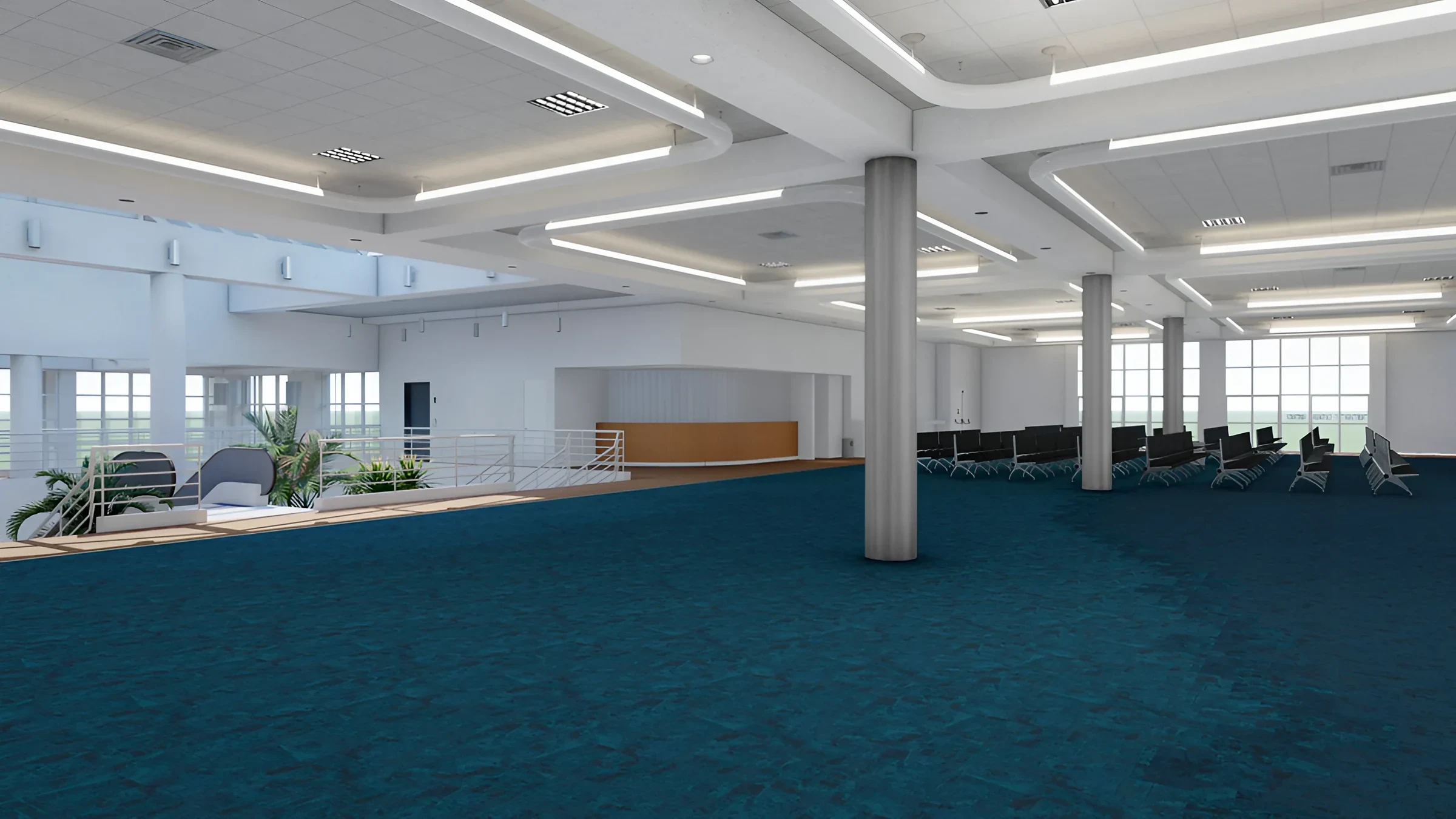 Rendering of the Terminal J upper floor with deep blue carpet tile and waiting seating