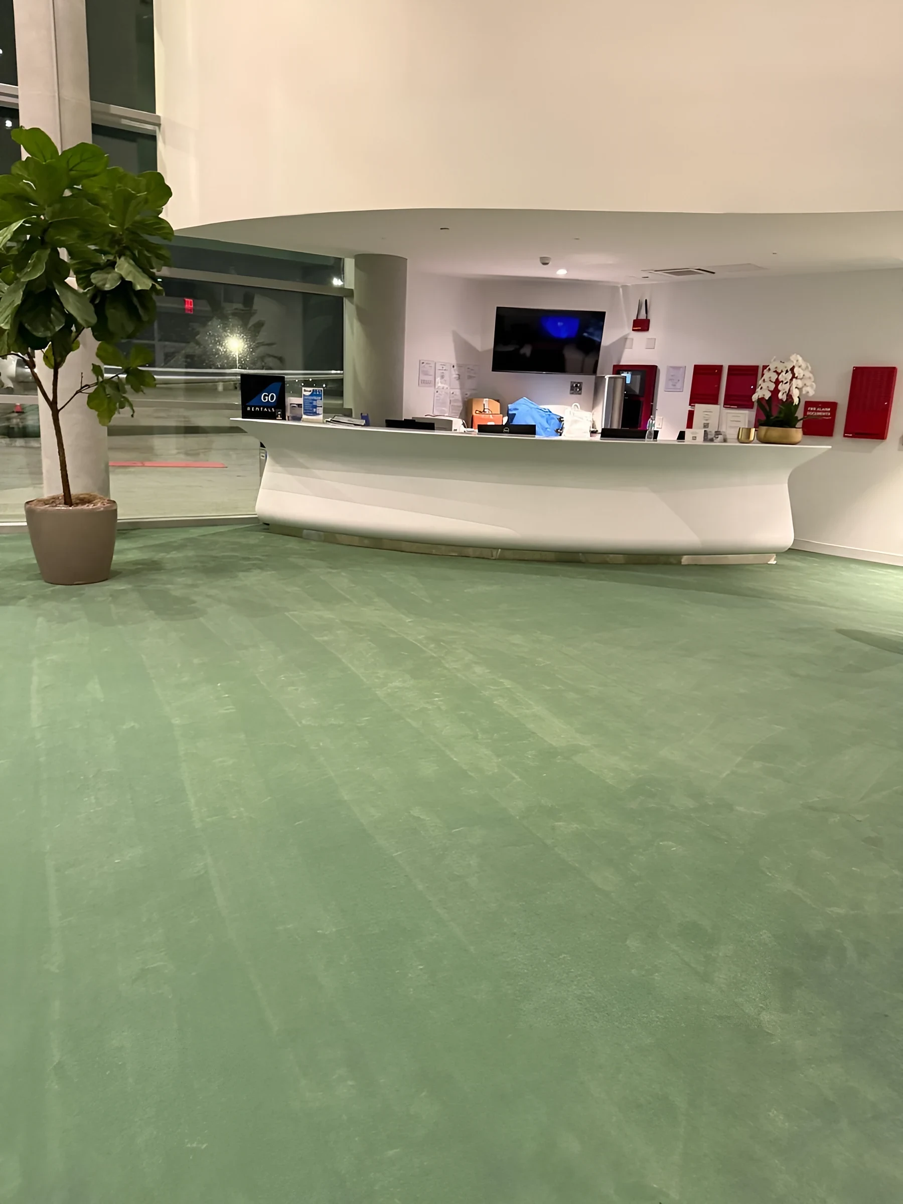 The curved reception desk on the new green broadloom