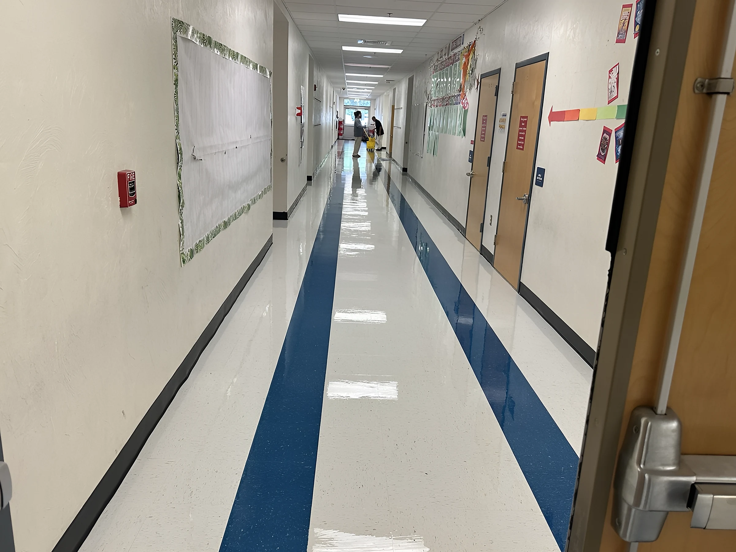 A classroom wing with the new striped floor