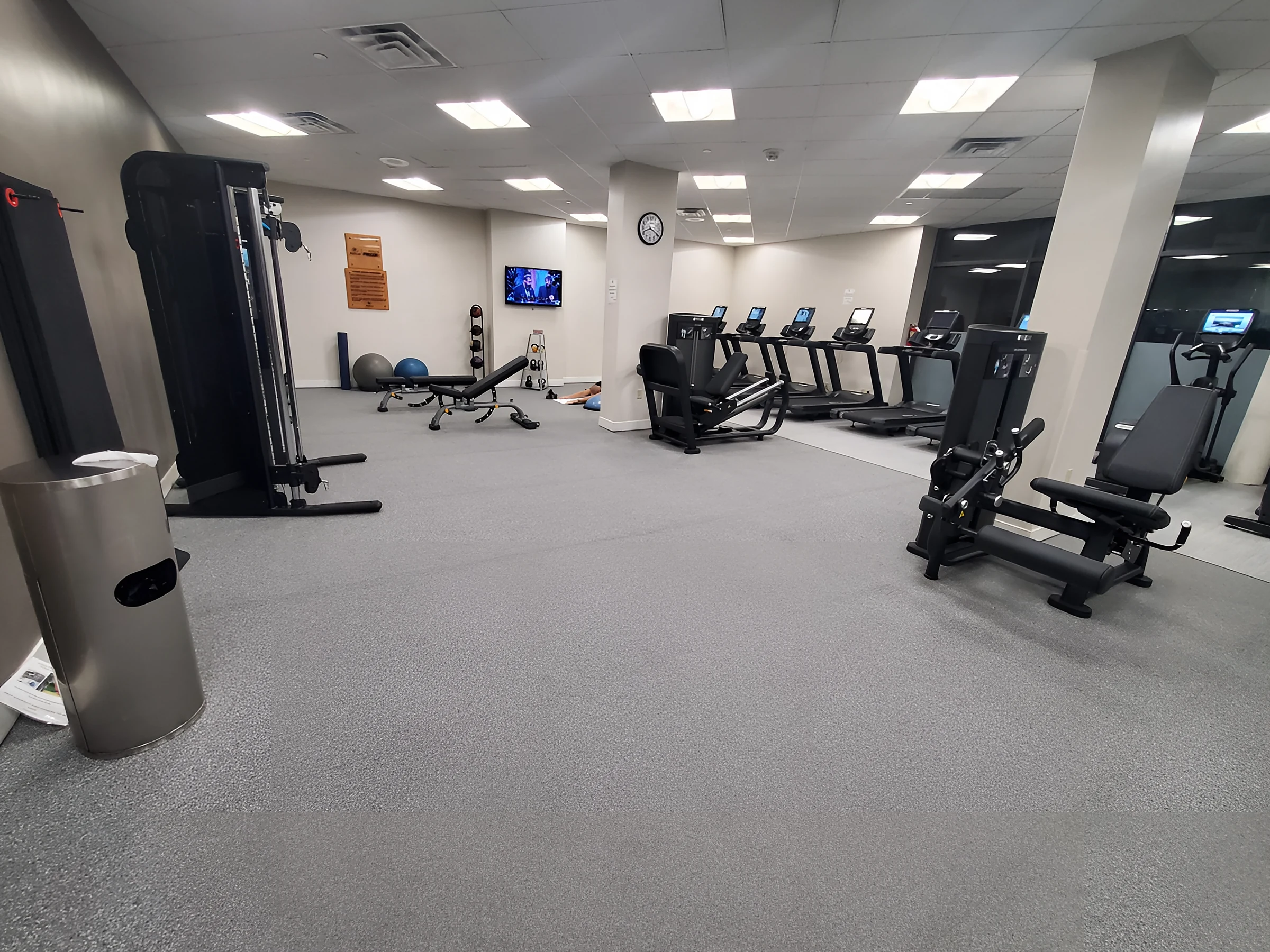 Strength equipment on rubber with plank walkways around it