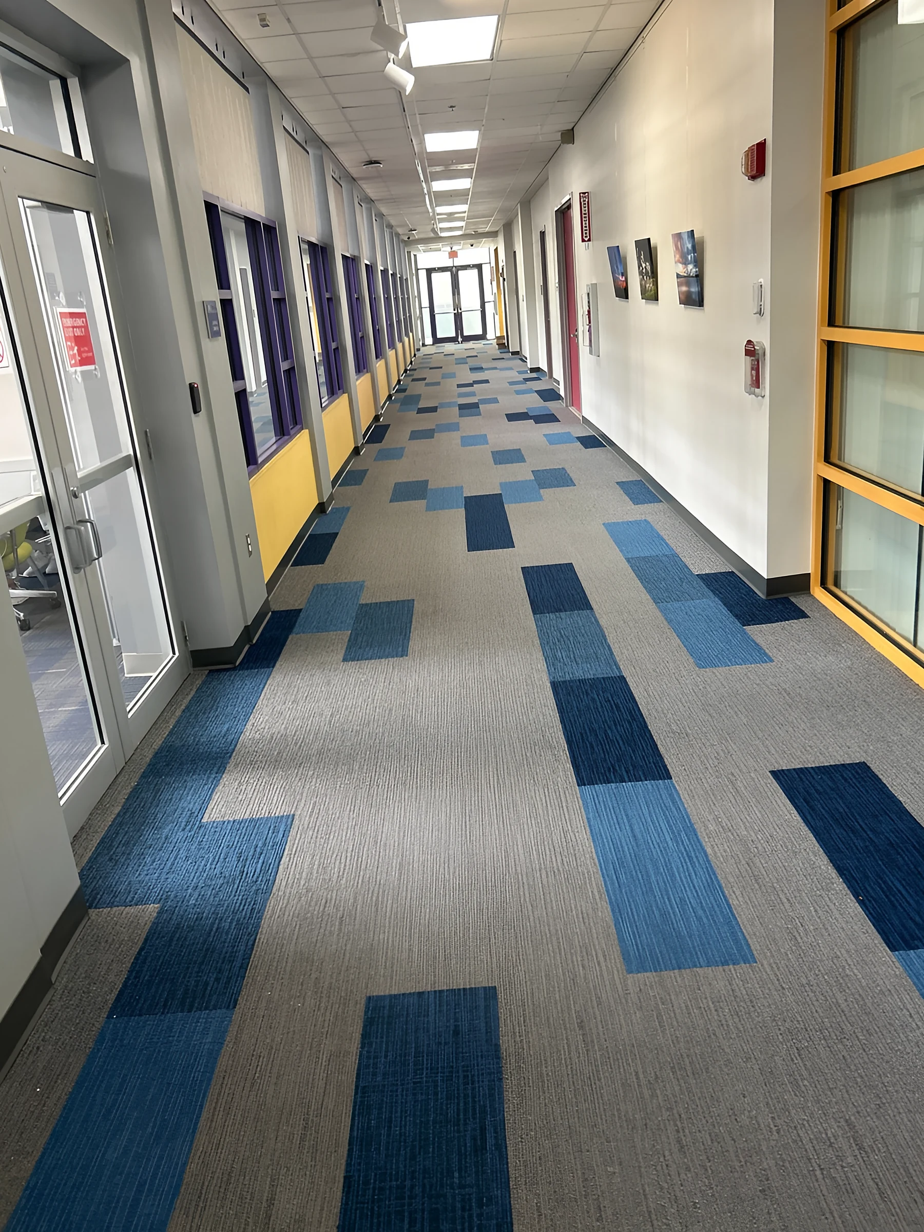 The main corridor running past classroom windows