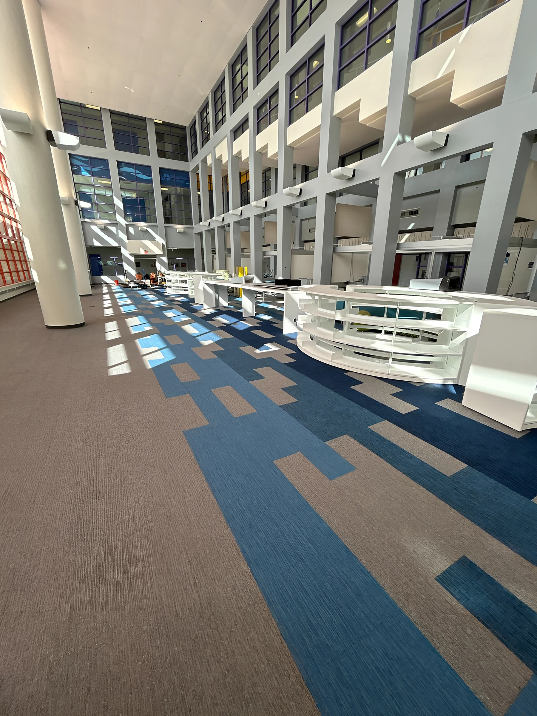 Blue blocks sweeping through the library beside the curved book stacks