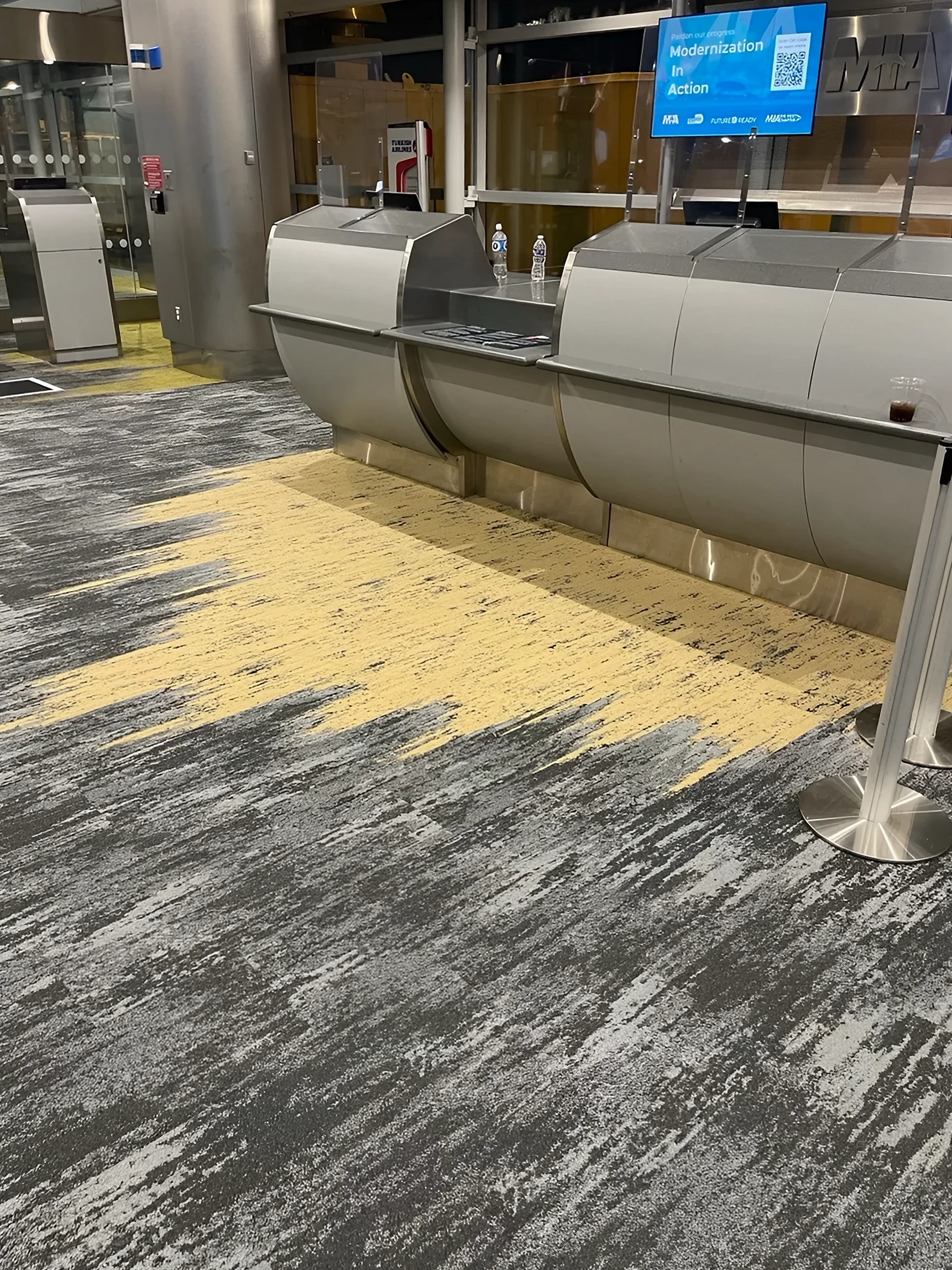 Sun-yellow carpet sweeping beneath the airline ticket counters