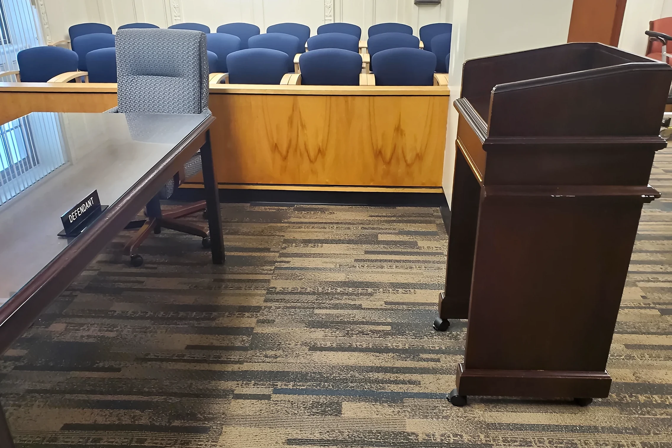 Courtroom with new carpet at the jury box