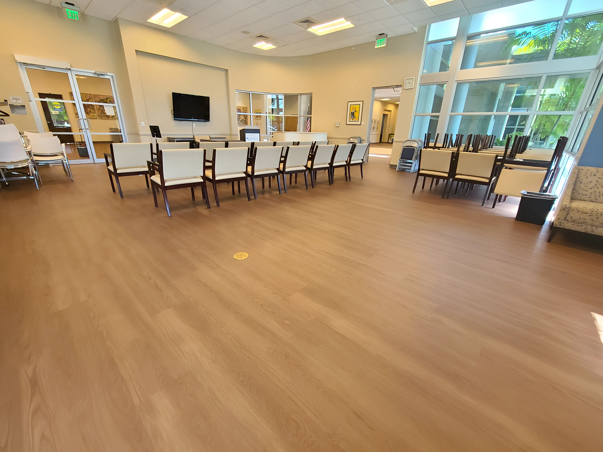 Program room with chairs set out on the new floor