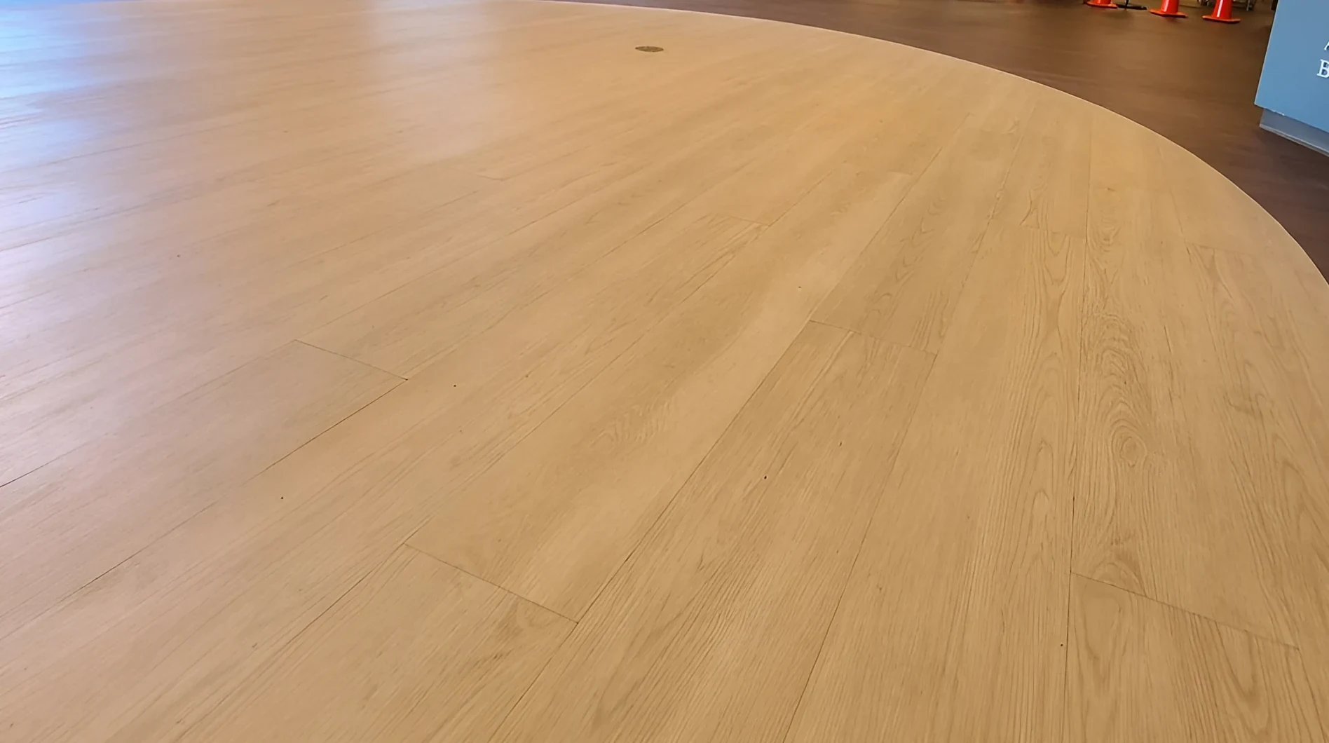 The light inlaid circle sweeping across the darker lobby floor