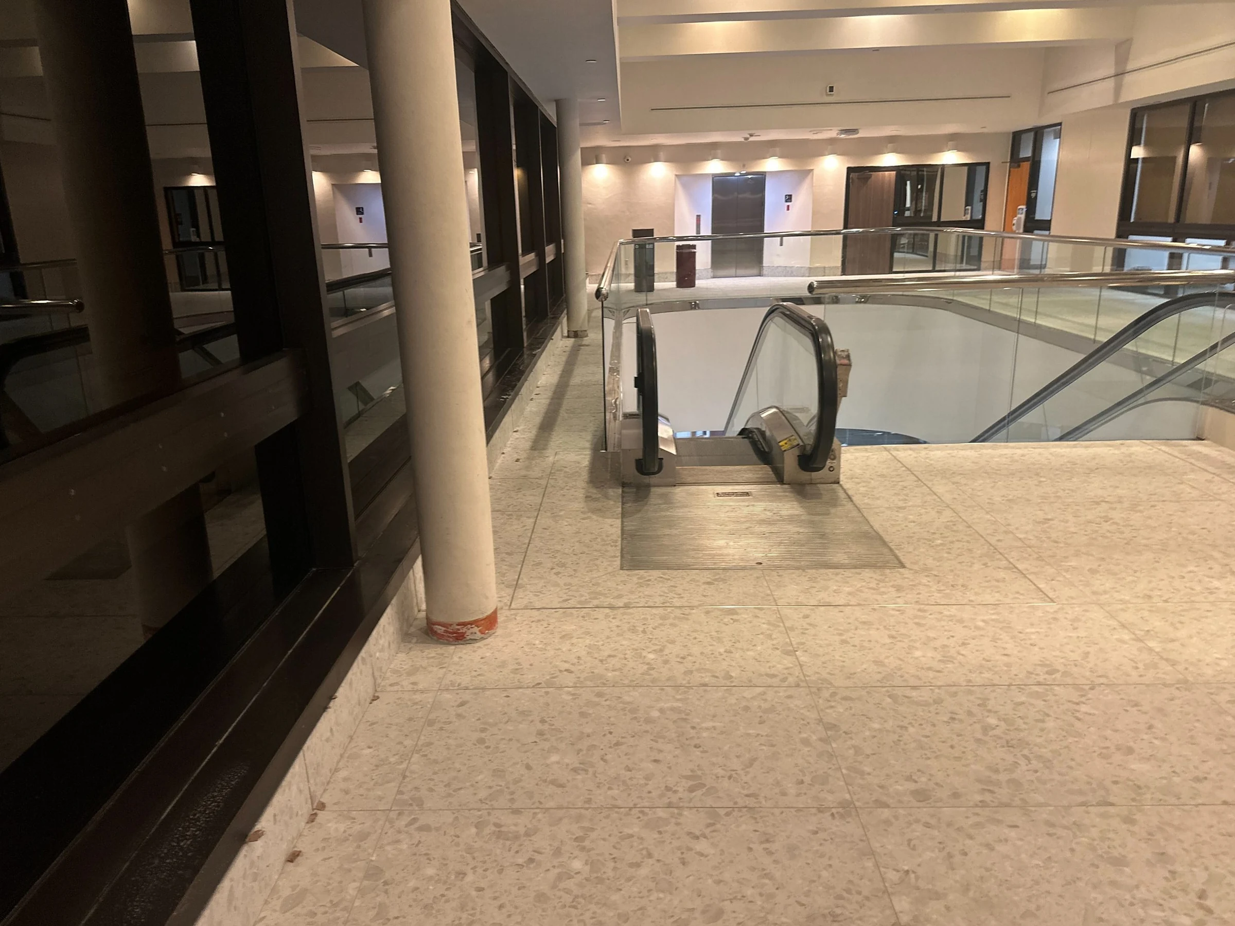 The escalator well on the new floor