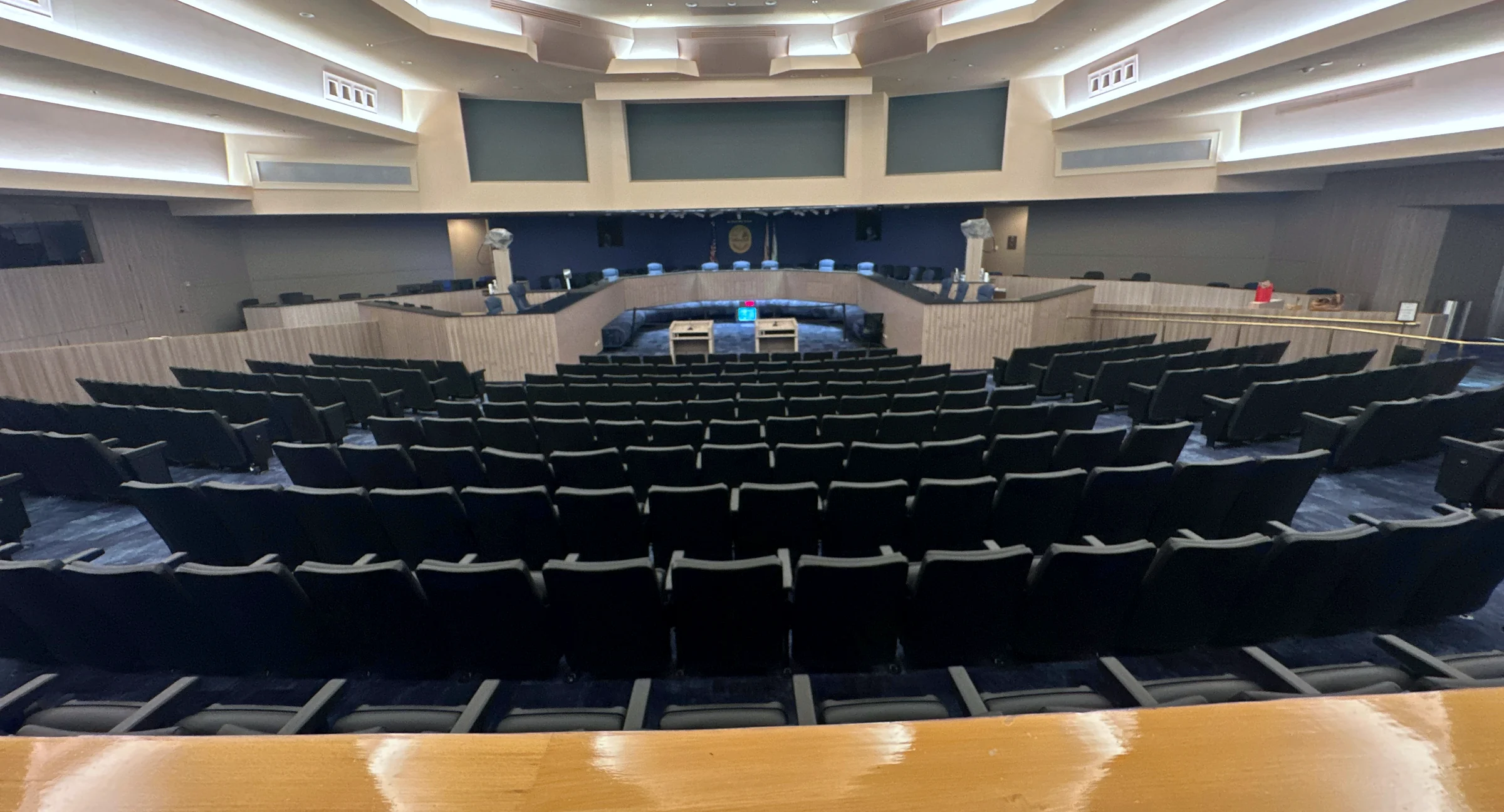 The Miami-Dade County Commission Chambers with new carpet and the refurbished dais
