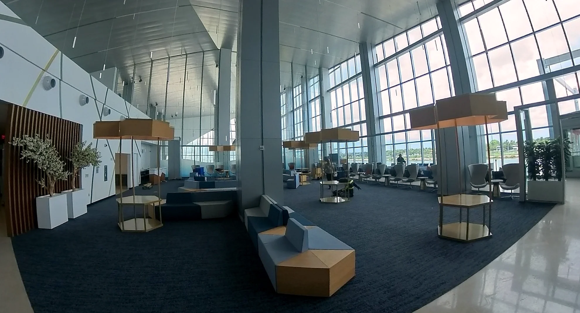 The Royal Caribbean terminal suite lounge with dark carpet beneath a wall of glass