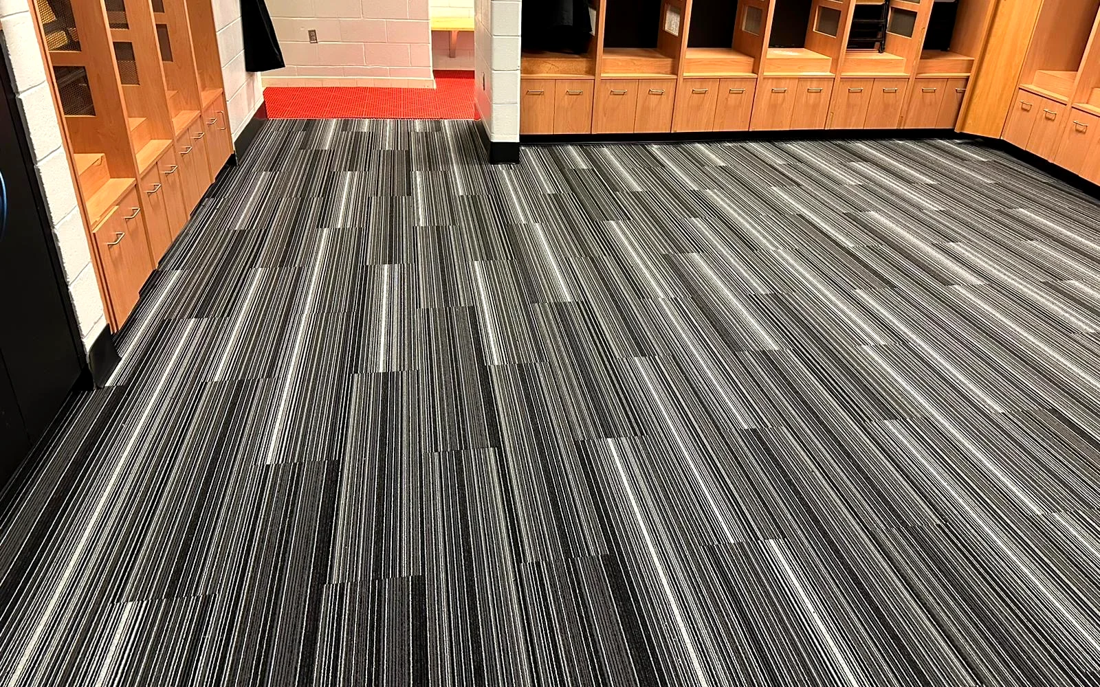 Striped carpet tile in a Florida Panthers locker room