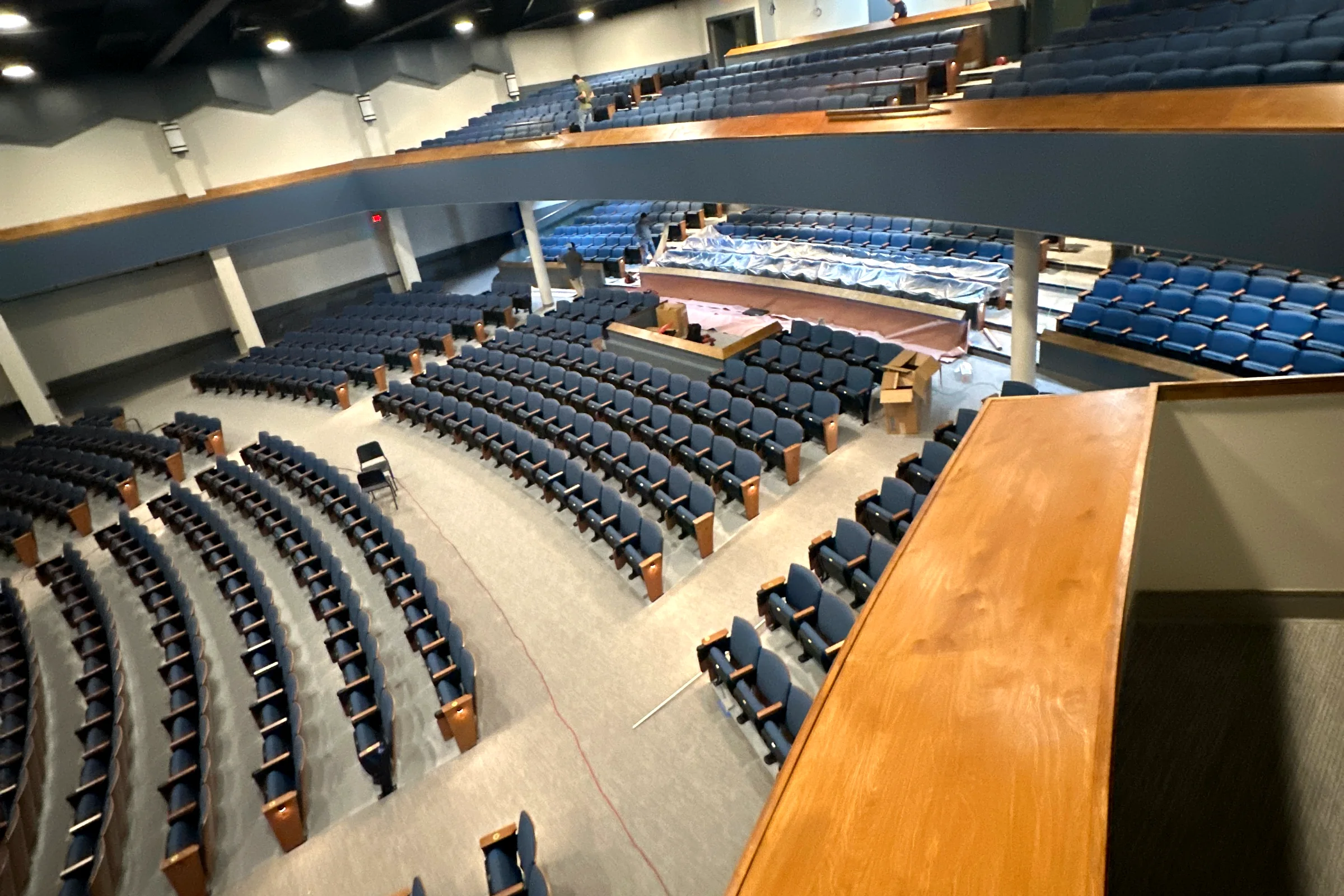 The renovated Lewis Auditorium in gray and blue
